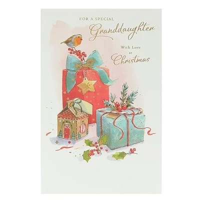 Image of UK Greetings Christmas Card for Granddaughter Red Robin &amp; Presents Design