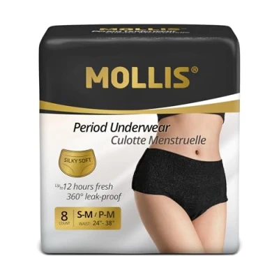 Image of MOLLIS Disposable Period Pants for Women, Postpartum Underwear, Maternity Knickers Heavy Flow Leak Proof, Black, Small/Medium, 8 Count
