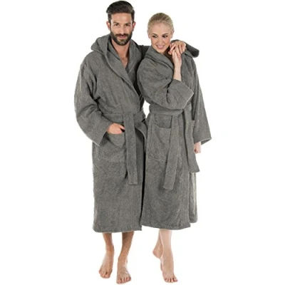 Image of CelinaTex Montana Bathrobe, Hooded, Plain, Long, Patched Pockets, Stitching, Women, Men, Unisex, 100% Cotton, Dark Grey, XL