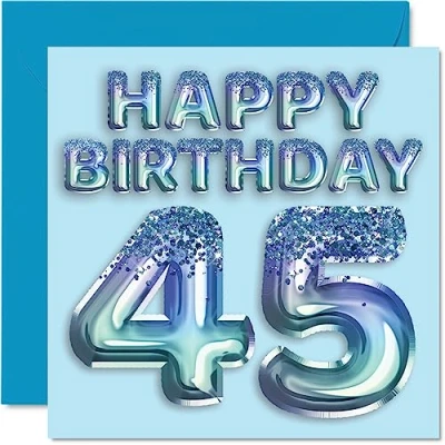 Image of 45th Birthday Card for Men Blue Glitter Party Balloon Happy Cards 45 Year Old Man Friend Dad Brother Uncle Cousin, 145mm x Forty Five Fifth Greeting Gift