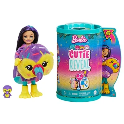 Image of Barbie Small Dolls and Accessories, Cutie Reveal Chelsea Doll with Toucan Plush Costume &amp; 7 Surprises Including Color Change, Jungle Series, HKR16