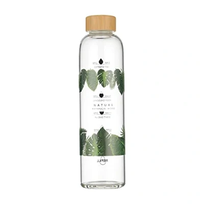 Image of Gulujoy 1 Litre Glass Water Bottle with Sleeve, Bamboo Lid, Motivational Drinking Time Markings Bpa Free