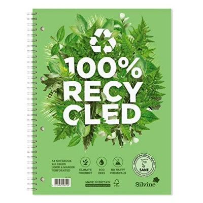 Image of Silvine A4+ Premium Recycled Wirebound Notebook, Lined with margin, 120 pages of 100% Paper. Ref R102