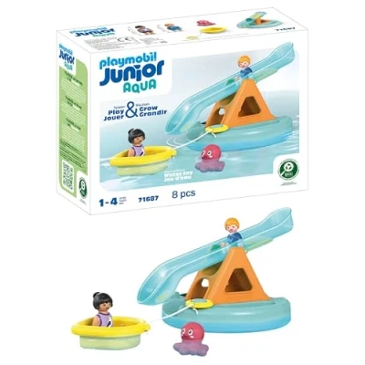 Image of Playmobil 71687 JUNIOR AQUA: Water Seesaw with Boat, including dock and hideaway for animals, sustainable toy made from plant based plastics, gifting toy, play sets suitable children ages 1+
