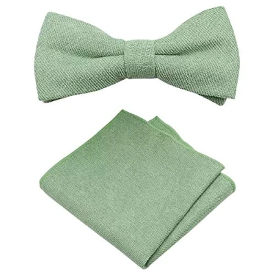 Image of Luxury Cotton Blend Pre Tied and Fully Adjustable Bow Tie &amp; Pocket Square Matching Set (Sage Green) suitable for formalwear, office, weddings, parties, grooms groomsmen outfits