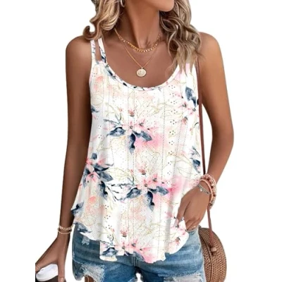 Image of WNEEDU Women&#039;s Summer Tank Tops Ladies Sleeveless Vests Tanks Top Loost Fit Casual Shirts Vest Blouses Cami Camisole White Pink Flower S