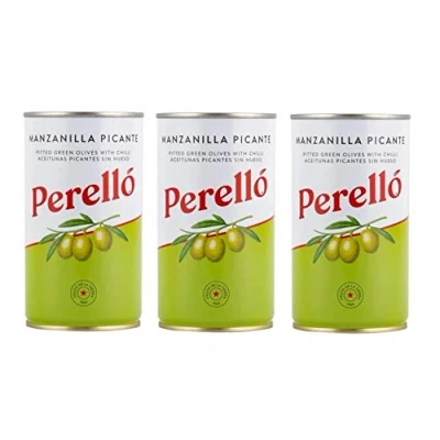 Image of Perello Manzanilla Spicy Pitted Green Olives Premium Individually Hand Processed Marinated with Guindilla Chilies Gluten Free Imported from Spain 150g Tin (Pack of 3)