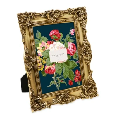 Image of Laura Ashley 5x7 Gold Ornate Textured Hand Crafted Resin Picture Frame with Easel &amp; Hook for Tabletop Wall Display, Decorative Floral Design Home Décor, Photo Gallery, Art, More (5x7, Gold)