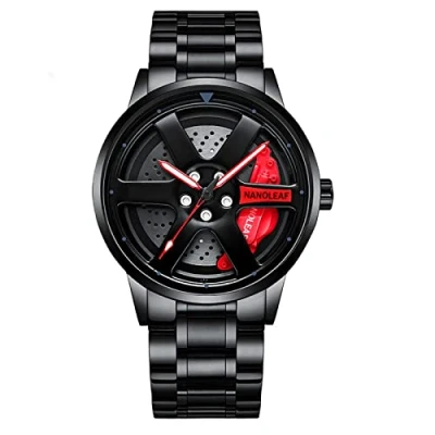 Image of NANOLEAF Car Wheel Watch, Stainless Steel Mens Wristwatch with Spinning Rim Hub Design, Japanese Quartz Movement, Water Resistant, Scratch Resistant Gifts for Enthusiasts, Red,