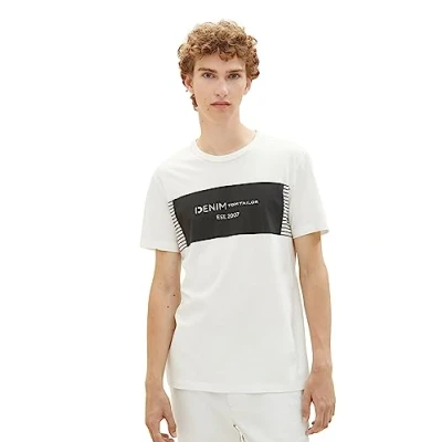 Image of TOM TAILOR Denim Men&#039;s 1039419 Basic T Shirt with Logo Print, 12906 Wool White, L