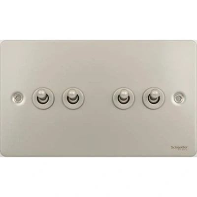 Image of Schneider Electric Ultimate Flat Plate 4 Gang Toggle 2 Way Light Switch, 16AX, GU1242TPN, Pearl Nickel