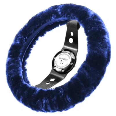 Image of Andalus Brands Australian Sheepskin Steering Wheel Cover, Anti Slip Universal 15 Inch Fuzzy Cover Offers a Plush Velvet Like Touch, Eco Friendly Fluffy (Navy)