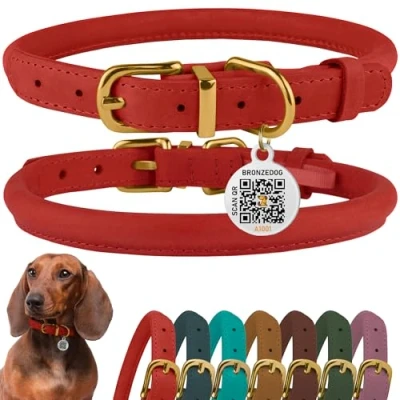 Image of BRONZEDOG Rolled Leather Dog Collar with QR ID Tag Adjustable Soft Round Collars for Small Medium Large Dogs Puppy Cat (Classic Red, 40 48 cm)
