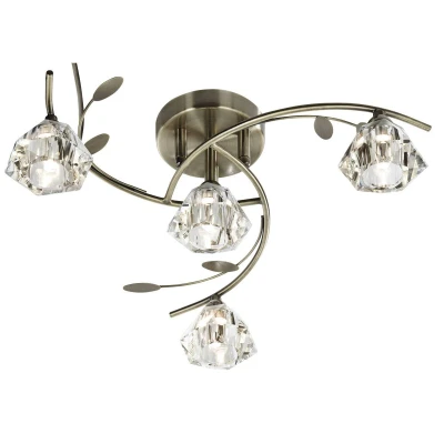 Image of Sierra 4 Light Semi Flush Multi Arm Ceiling Antique Brass and Glass, G9