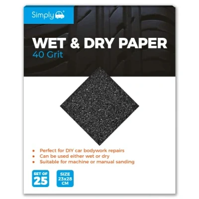 Image of Simply WD0040 Wet &amp; Dry Polishing Paper 40 Grit, Pack of 25, 230mm x 280mm, Perfect for DIY Car Bodywork Repairs, Machine, Manual Sanding, Furniture and Home Improvement