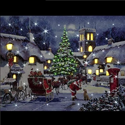 Image of Snowtime Battery Operated Fibre Optic LED 40x30cm Santa &amp; Village Canvas