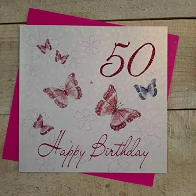Image of WHITE COTTON CARDS 50 Happy, Handmade 50th Birthday Card (Butterflies)