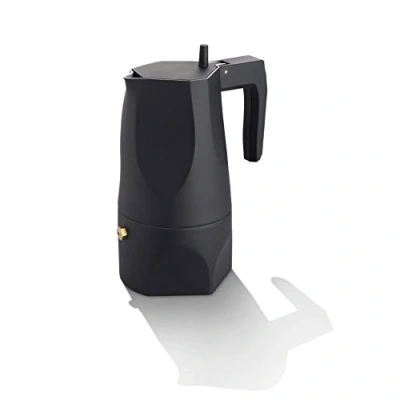 Image of Alessi Ossidiana MT18 / 3 B Design Espresso Coffee Maker, in Cast Aluminum, Cups, Black