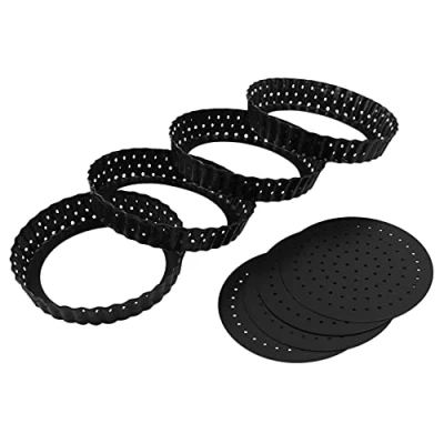 Image of Gkhowiu 4 Quiche Tart,5 Inch Round Perforated Pizza Baking Non Stick Tart Tin with Holes for Cakes,Pies,Quiches