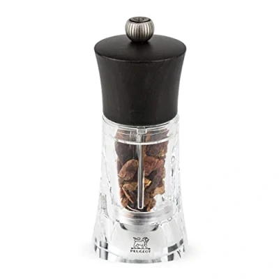 Image of Peugeot Madras Manual Chilli Mill Acrylic &amp; Beechwood, Clear Chocolate, 14 cm