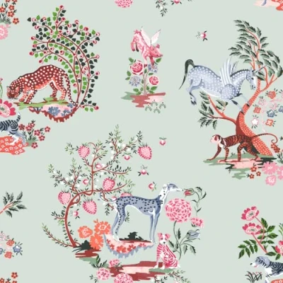Image of Muriva Cath Kidston Painted Kingdom Wallpaper Modern for Living Room, Bedroom, Fireplace Decorative Luxury Wall Paper with Whimsical Wild Animals &amp; Beautiful Botanicals (Duck Egg)