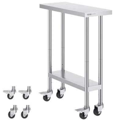 Image of VEVOR Stainless Steel Work Table 30 x 12 38 Inch, with 4 Wheels, 3 Adjustable Height Levels, Heavy Duty Food Prep Worktable for Commercial Kitchen Restaurant, Silver