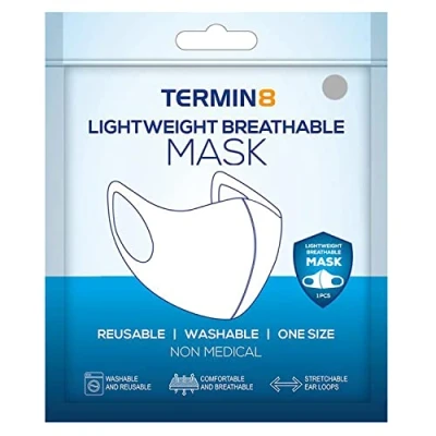 Image of Termin8 Lightweight Breathable Reusable Face Mask for Adults, Machine Washable Grey