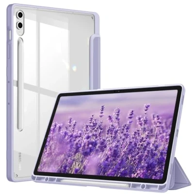 Image of FINTIE Hybrid Slim Case for Samsung Galaxy Tab S10+ Plus/ S9 FE+ Plus/Galaxy S9+ Plus 12.4 with S Pen Holder, Shockproof Cover Clear Transparent Back Shell, Auto Wake/Sleep, Lilac Purple