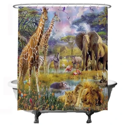 Image of Ulticool Shower Curtain Safari Animal Giraffe Elephant 180 x 200 cm Washable Anti Mould with 12 Rings Green Brown