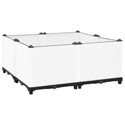 Image of vidaXL Square Raised Bed White Polypropylene Flower Box with Rattan Look Design for Garden, Patio, Balcony Ideal Plants, Herbs, Flowers Easy Assembly