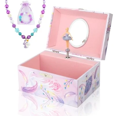 Image of Homtibrm Musical Jewellery Box for Girls with Unicorn Jewelry Set, Kids Music Spinning Ballerina Birthday Gifts Girls, Swan Lake Tune