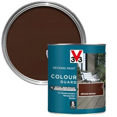 Image of V33 Colour Guard Decking Paint Medium Brown 2.5L 5 years guarantee 2 in 1 Anti slip Washable Matt opaque finish Water repellent UV resistant