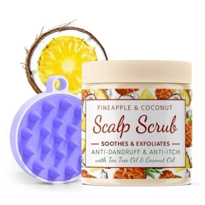 Image of CalmGrace Exfoliating Scalp Scrub with Silicone Brush Coconut &amp; Pineapple Hair Scent Care Set Exfoliator for Dandruff Prone Oily Dry, Itchy