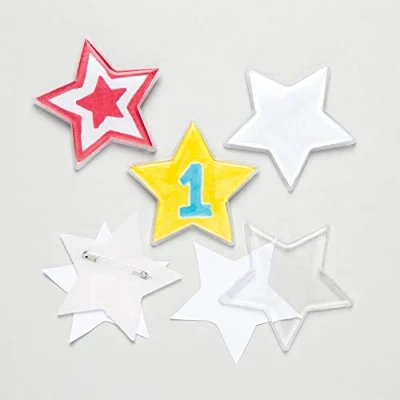 Image of Baker Ross AR454 Star Badges Pack of 10, Decorate You Own Pin Kits for Kids Arts and Crafting Projects, Rewards Prizes, White, 2.3 inch