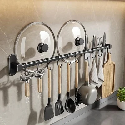 Image of EHOTER Utensil Rack Kitchen Holder Rail with 8 Hooks Space Saving No Drilling Wall Mounted Self Adhesive for Bathroom Bedroom (Black)