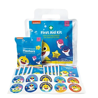 Image of Reliance Medical Baby Shark First Aid Kit Small Children Mini Kits in Foil Pouch Home Car Travel Equipment Essentials For Childrens Health and Safety Cuts &amp; Graze