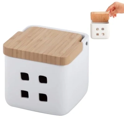 Image of KOOK TIME Garlic Keeper Ceramic with Wooden Bamboo Swivel lid Storage Pot Ventilation Holes for Optimal Preservation 11.5 x cm Glossy White