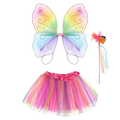 Image of Zac&#039;s Alter Ego 3 Piece Fancy Dress Rainbow Butterfly Wings, Ribbon Tip Wand &amp; Tutu Fairy Set