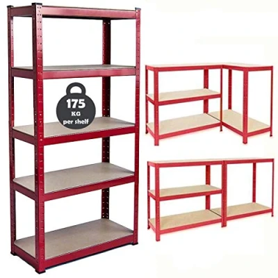 Image of Feidak 5 Tier Boltless Shelving Unit for Garage Home Modern Design Metal Shelf with Solid MDF Wood Boards Heavy Duty 875kg Total Capacity/175kg Per Racking (150x70x30cm) Red