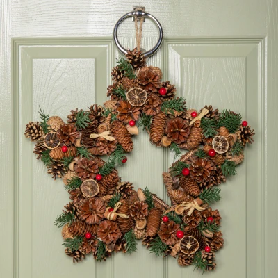 Image of 45cm Winter Spice Star Hanging Christmas Wreath with Pine Cones Red Berries &amp; Dried Fruit