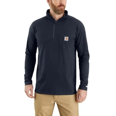 Image of Carhartt Men&#039;s Force Relaxed Fit Midweight Long Sleeve Quarter Zip Mock Neck T Shirt, Navy, Large