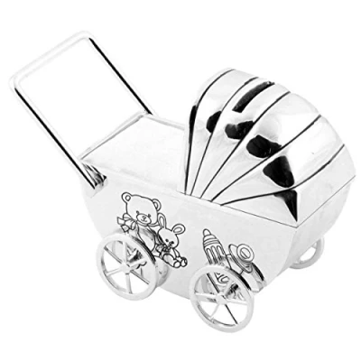 Image of Personalised Silver Plated Pram Money Box Engraved with a message of your choosing
