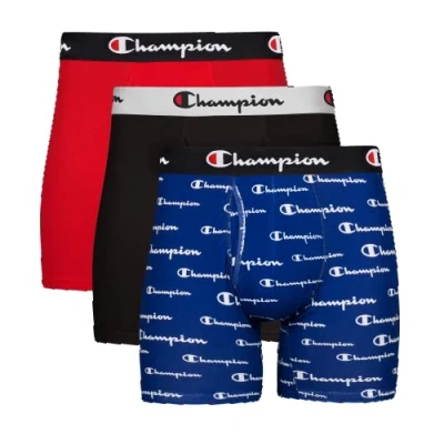 Image of Champion Men&#039;s Boxer Briefs, Every Day Comfort Stretch Cotton Moisture Wicking Underwear, Multi Pack, Blue White Script Logo/Black/Red 3 S (Pack of 3)