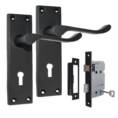 Image of Black Door Handles Interior Victorian Scroll Lock &amp; 3 Lever Sash Lock, Matt Handles, Back Plate, 150 x 42mm, Multipack, Set 1