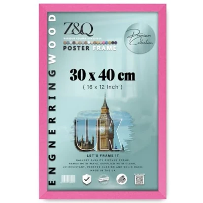 Image of Z&amp;Q Wall Mounted Poster Picture Frame Pink 40 x 30 cm Display Painting Photo Print With HD Clear Perspex Both Ways Hanging Hooks MDF Wood 30x15mm Moulding