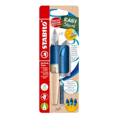 Image of STABILO Ergonomic School Fountain Pen EASYbirdy Timber A Nib (Beginner) Right Handed Pack of 1 Blue with Erasable Ink (Inc. Cartridge)
