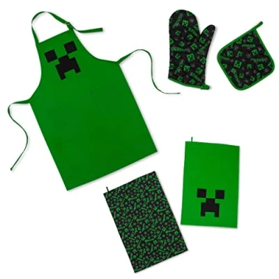 Image of Minecraft Green Creeper Kitchen Set Apron, Oven Mitt, Dish Towels, Pot Holder