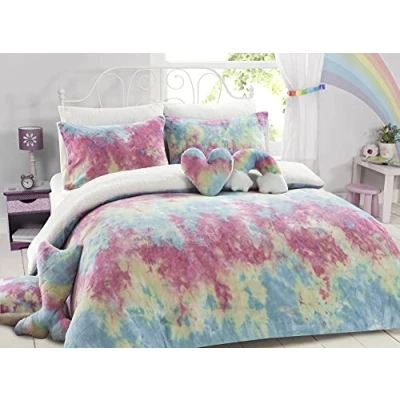 Image of LIZZIE JACOBS Rainbow Tie Dye Pattern Teddy Bear Fleece Super Soft Warm Cosy Kids and Adults Duvet Cover Sets Quilt Covers Bedding (Single Set)