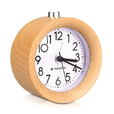 Image of Navaris Analogue Wood Alarm Clock Retro Round Wooden Table with Snooze Function and Face Light Natural in Brown
