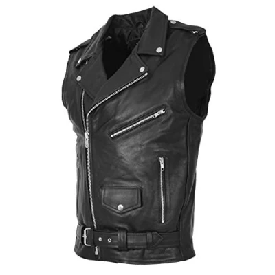 Image of A1 FASHION GOODS Mens Cowhide Leather Biker Waistcoat Sleeveless Vest Classic Brando Style Gilet (X Large)